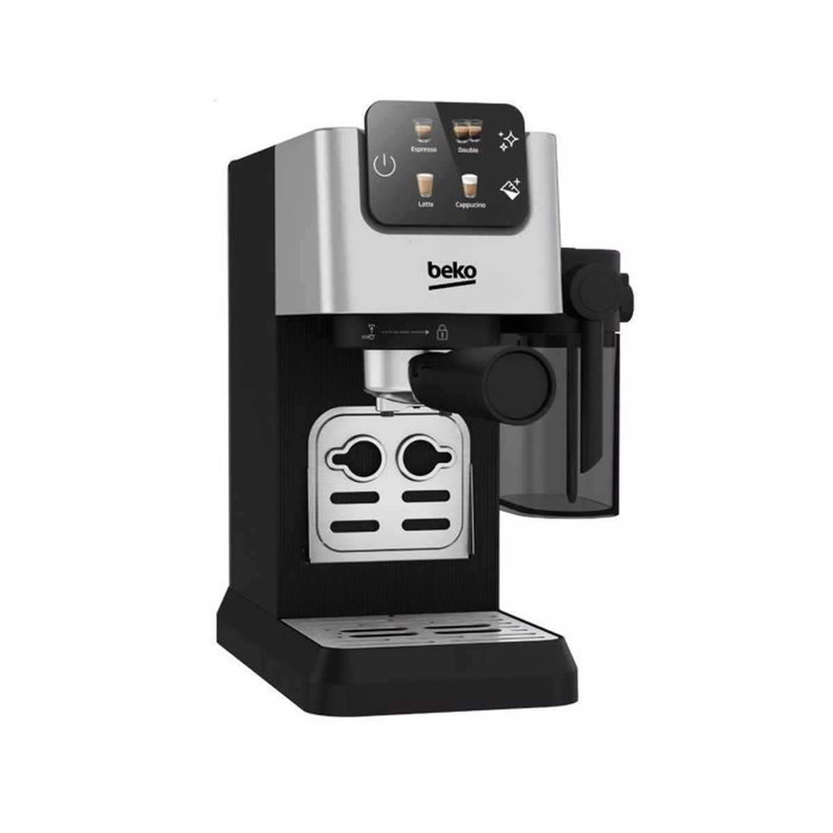 Eine Beko Espressomaschine, silber und schwarz. Sie hat Knöpfe für verschiedene Kaffeesorten. Ein Wasserbehälter befindet sich an der Seite.