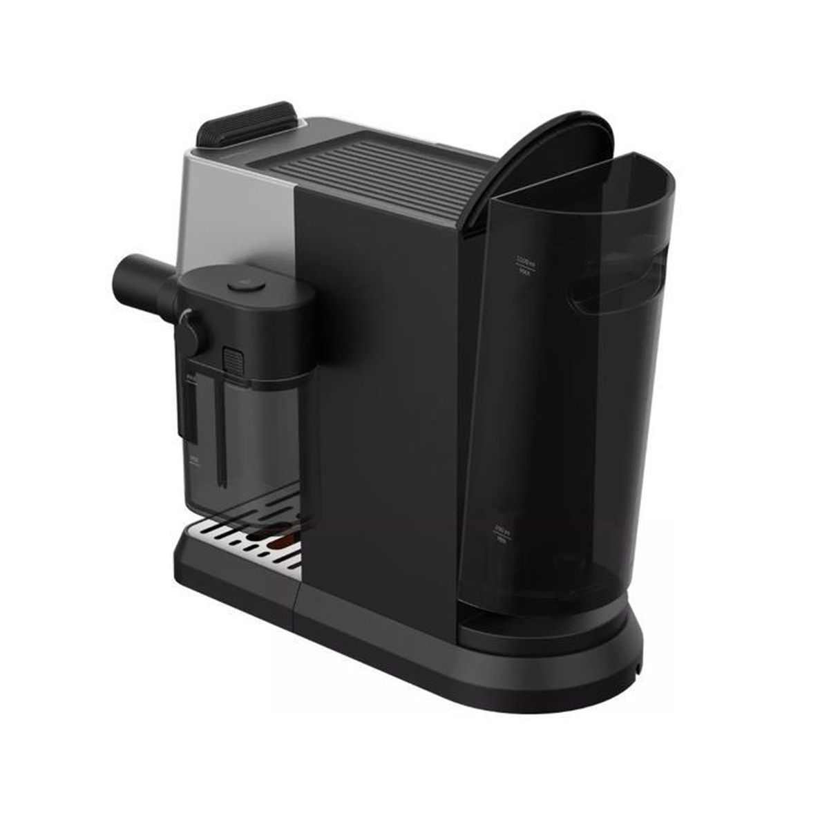Eine schwarz-silberne Kaffeemaschine mit einem Wasserbehälter auf der rechten Seite. Sie hat eine transparente Wasserstandsanzeige.