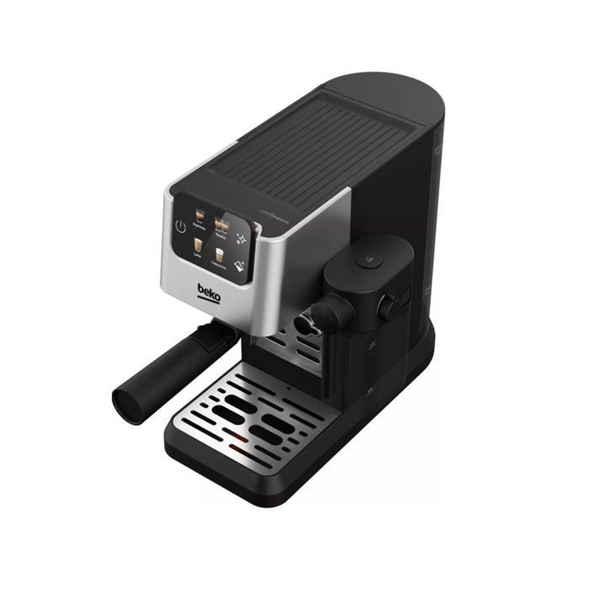 Eine Beko Espressomaschine, schwarz und silber. Sie hat Knöpfe für verschiedene Kaffeesorten und eine Dampflanze.