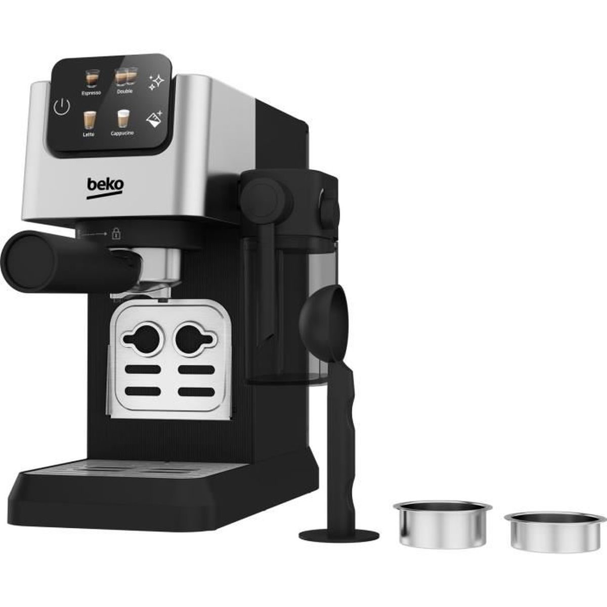 Eine Beko Espressomaschine, schwarz und silber. Sie hat Knöpfe für verschiedene Kaffeesorten, einen Siebträger und zwei Metallfilterkörbe.