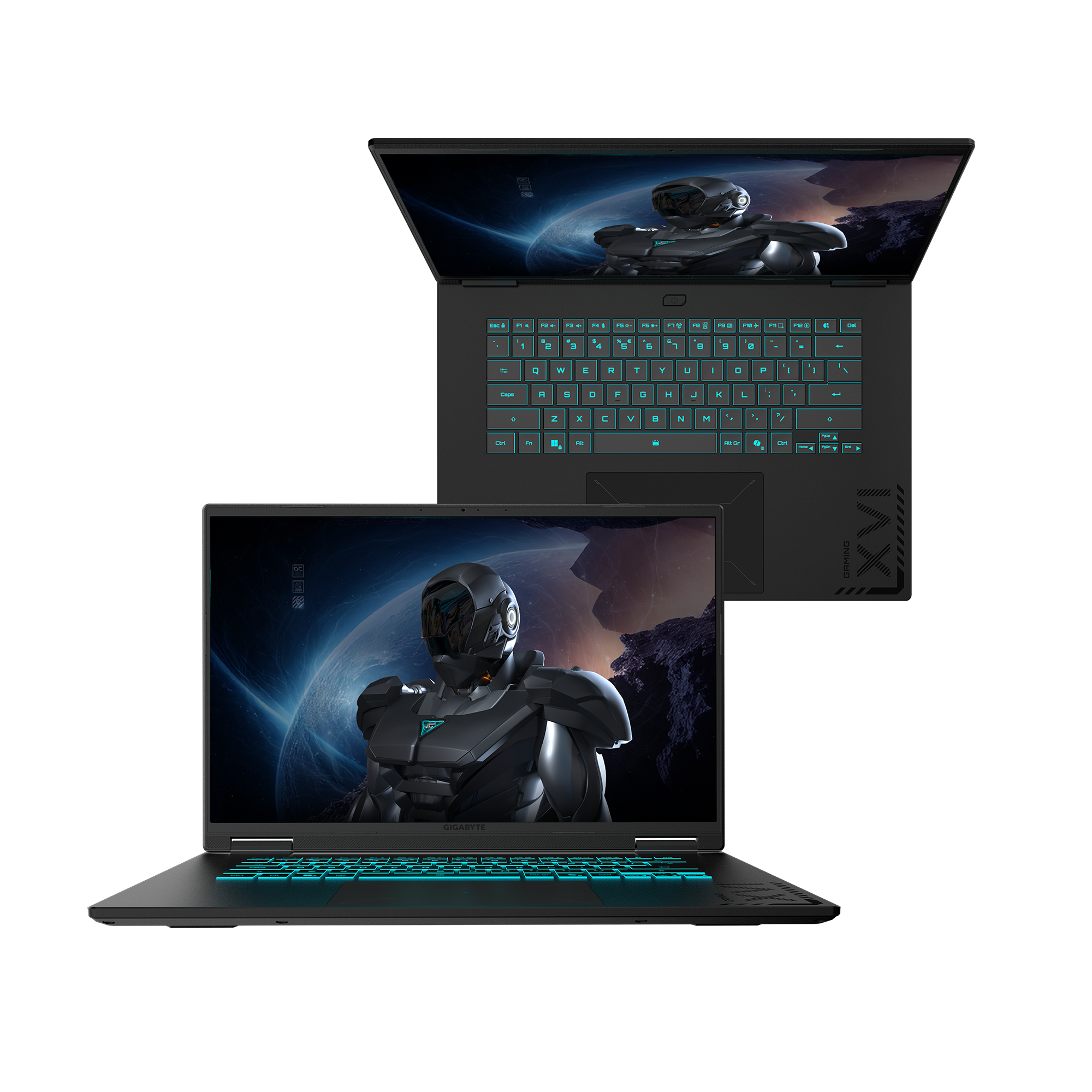 Portátil negro con teclado retroiluminado en verde azulado, que muestra un robot futurista en la pantalla.