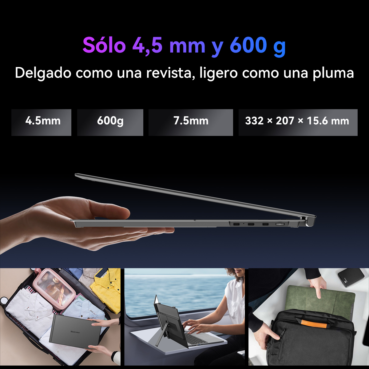 Ordenador portátil en mano, mostrando dimensiones y siendo usado en diferentes escenarios: maleta, tren y bolsa.