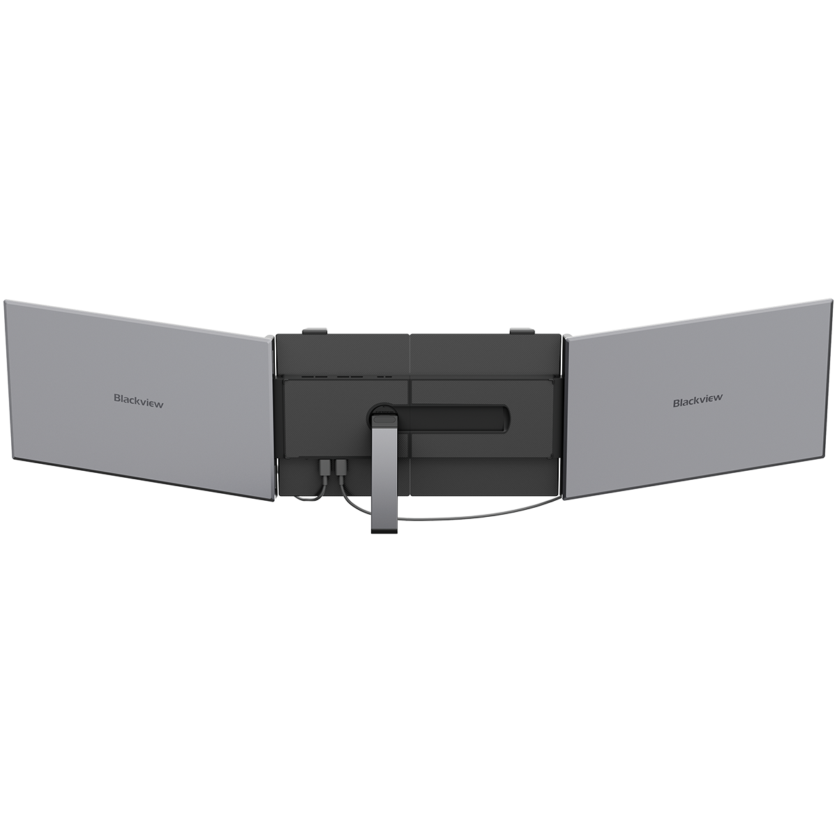 Widok z tyłu konfiguracji potrójnego monitora Blackview. Monitory są szare, z logo Blackview. Widoczne są również kable i stojak.
