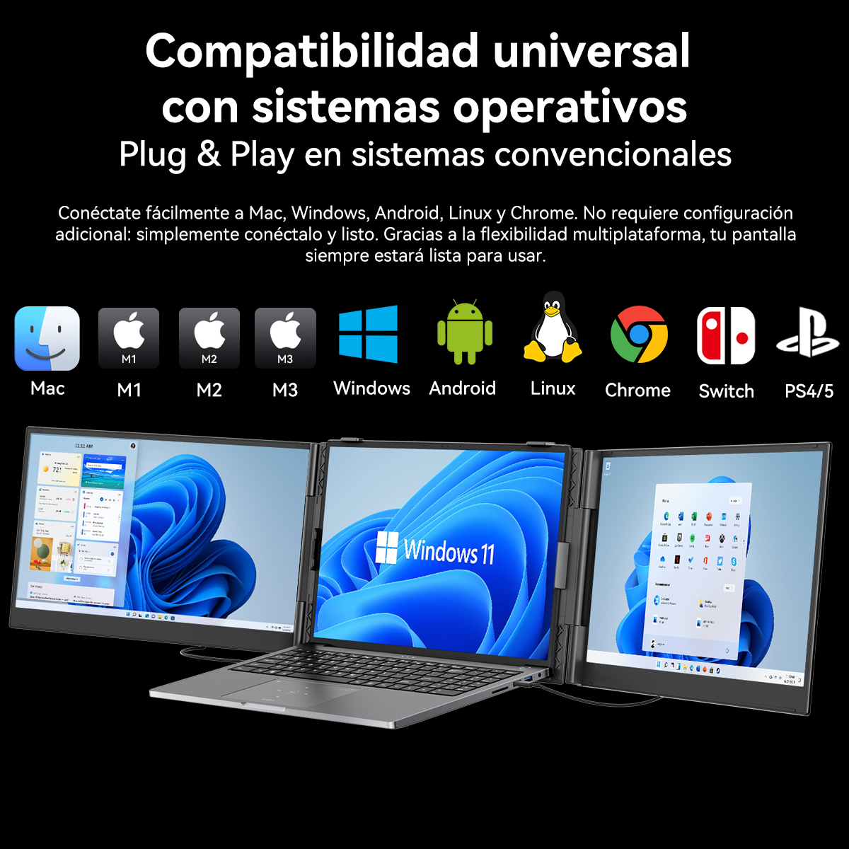 Un portátil con tres pantallas que muestran diferentes sistemas operativos como Windows y Mac.