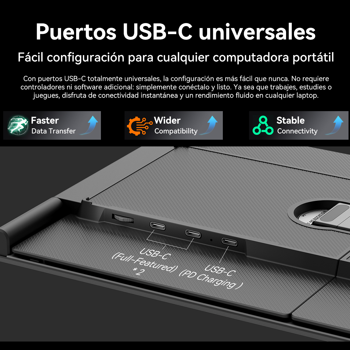 Imagen de portátil con puertos USB-C. El texto destaca la transferencia rápida de datos, la compatibilidad y la conectividad estable.