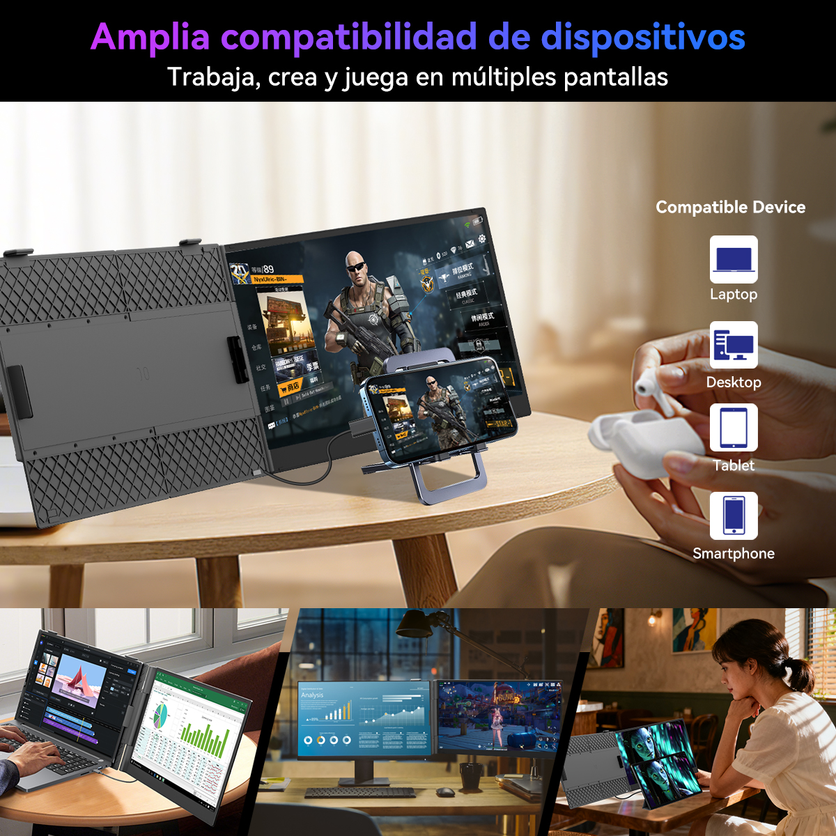 Un teléfono que muestra un juego está conectado a una pantalla. Una persona sostiene auriculares. Se muestran otros dispositivos para compatibilidad.