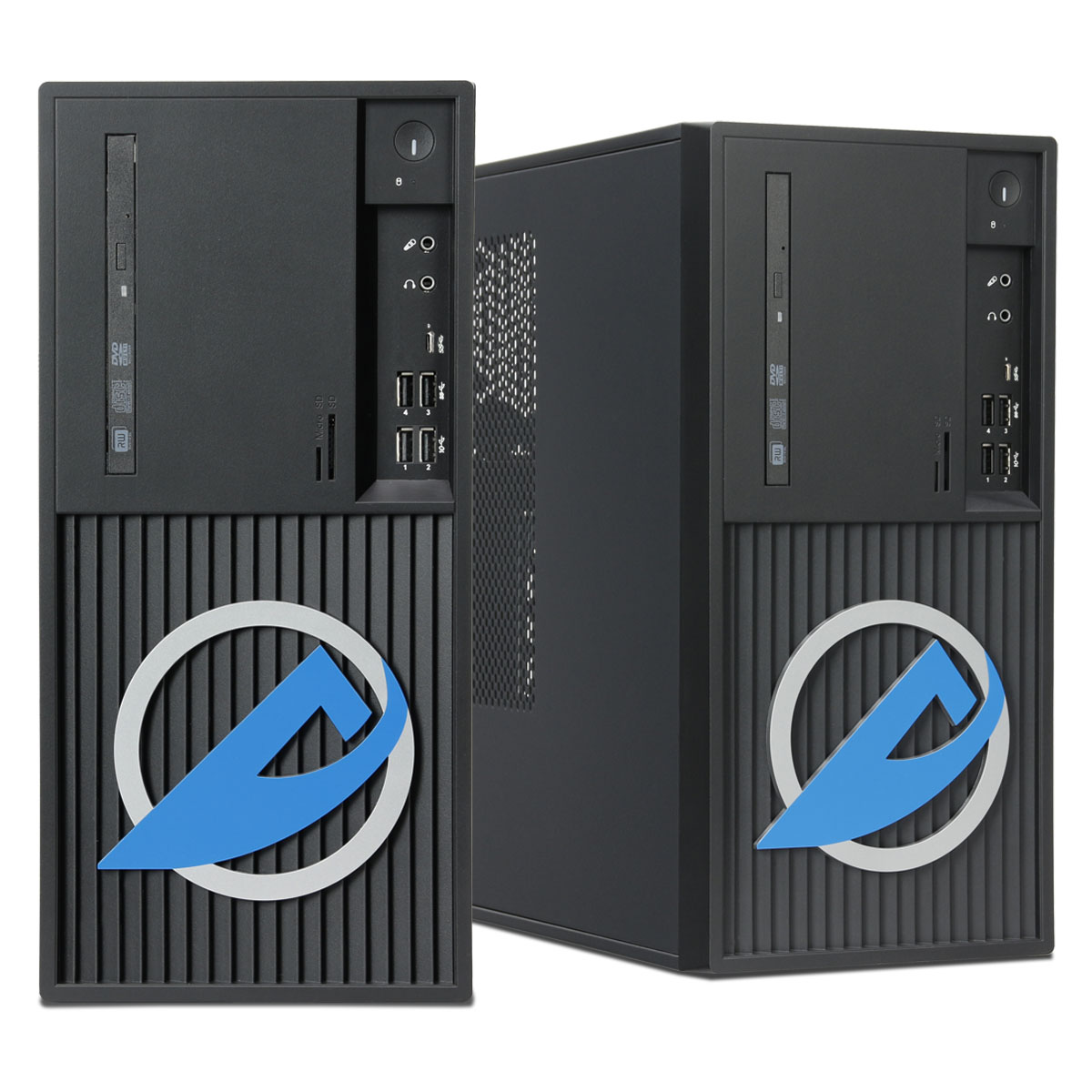 Dos torres de ordenador negras con un logotipo. Cada una tiene una unidad de disco, puertos y un botón de encendido. Una está detrás de la otra.