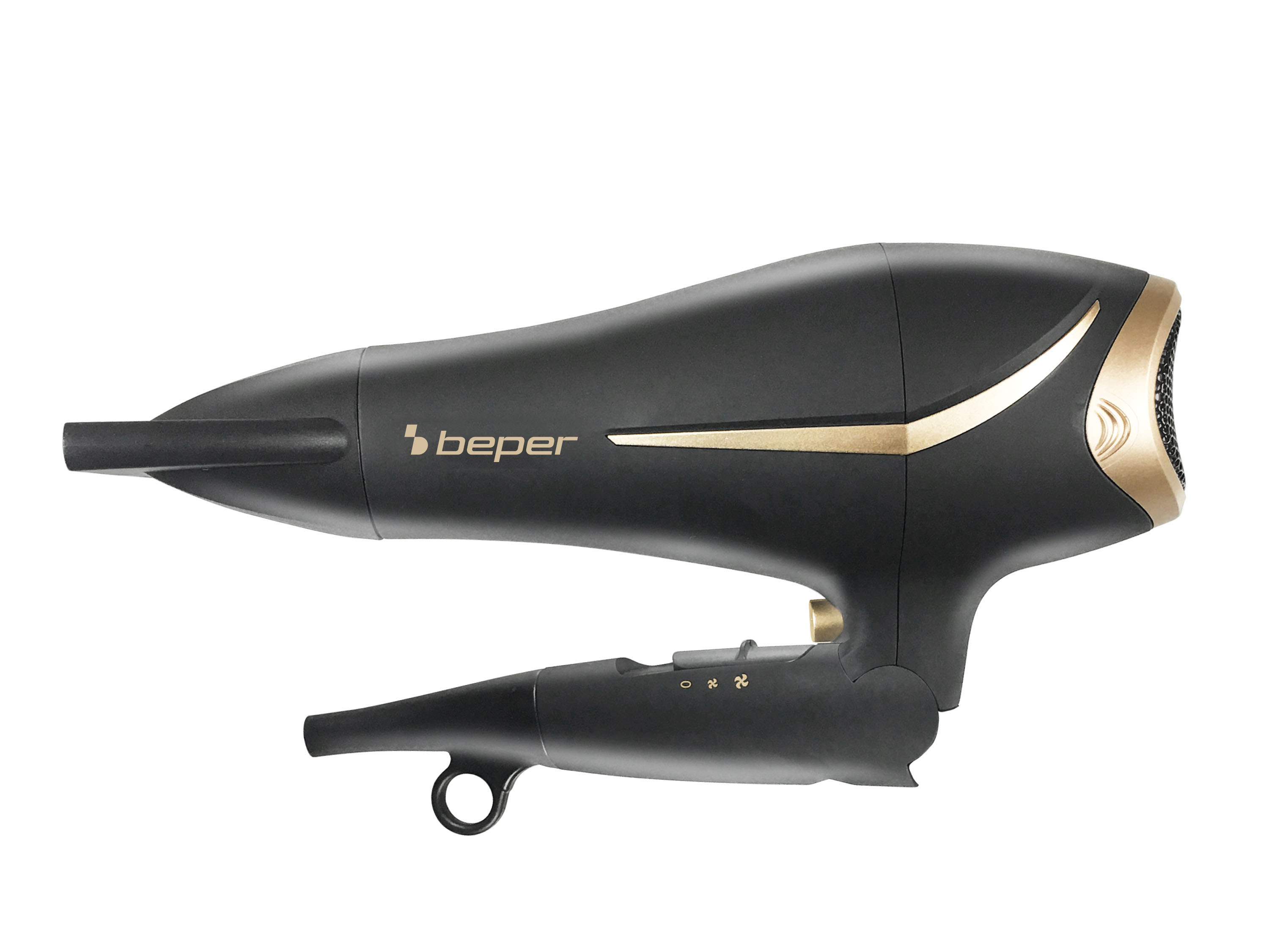 Asciugacapelli nero e oro su sfondo bianco. Presenta il logo 'beper'.