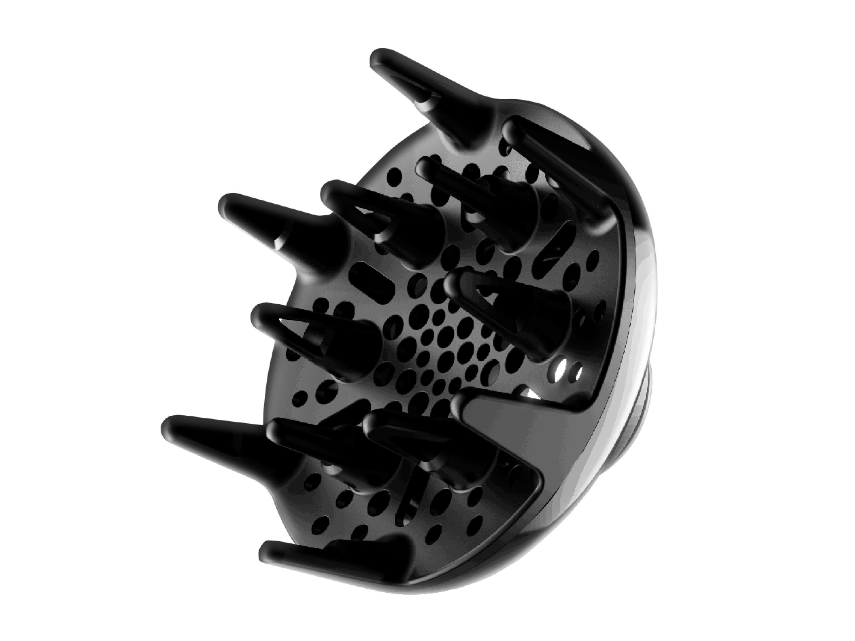 Un accessorio diffusore nero per asciugacapelli. Ha più punte e fori, su sfondo bianco.