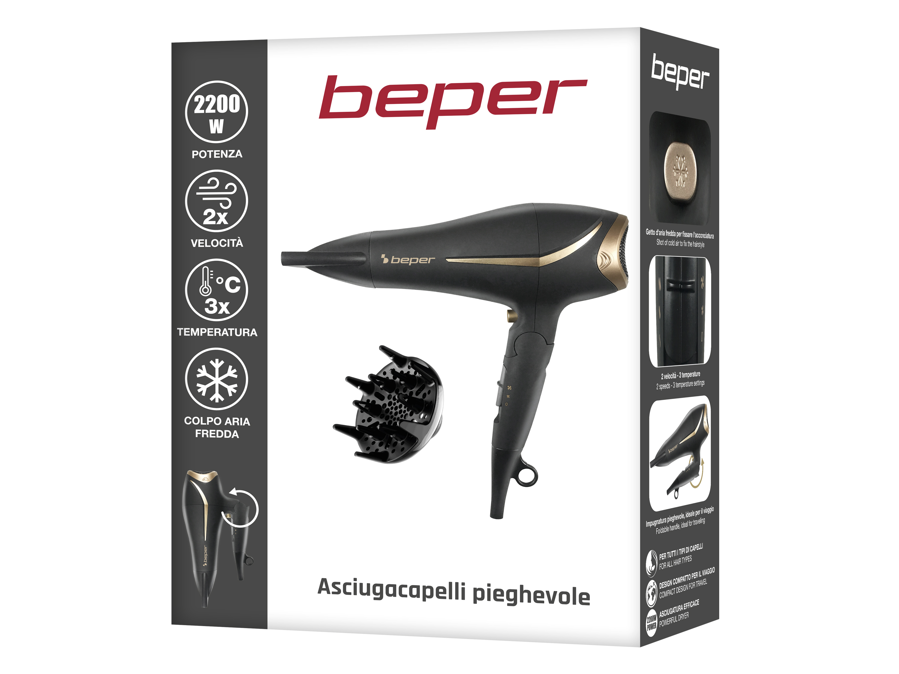 Un asciugacapelli Beper nero e oro è esposto su una scatola bianca. Ha accessori e specifiche.