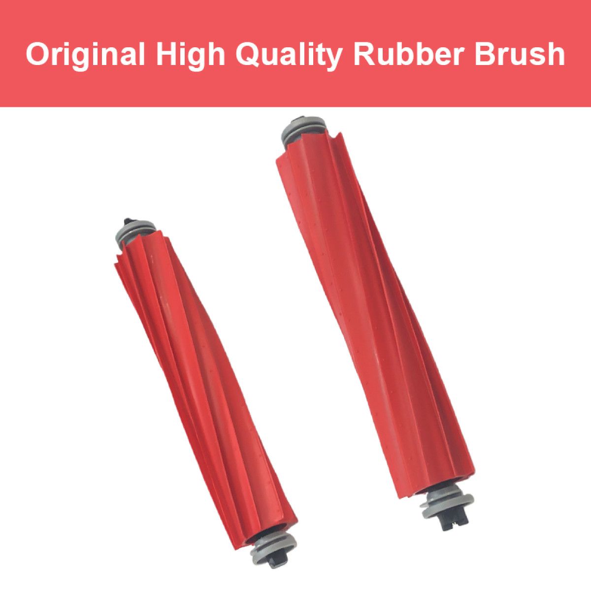 Dwie czerwone gumowe szczotki, prawdopodobnie do odkurzacza, pokazano na białym tle. Szczotki są ustawione pod kątem.