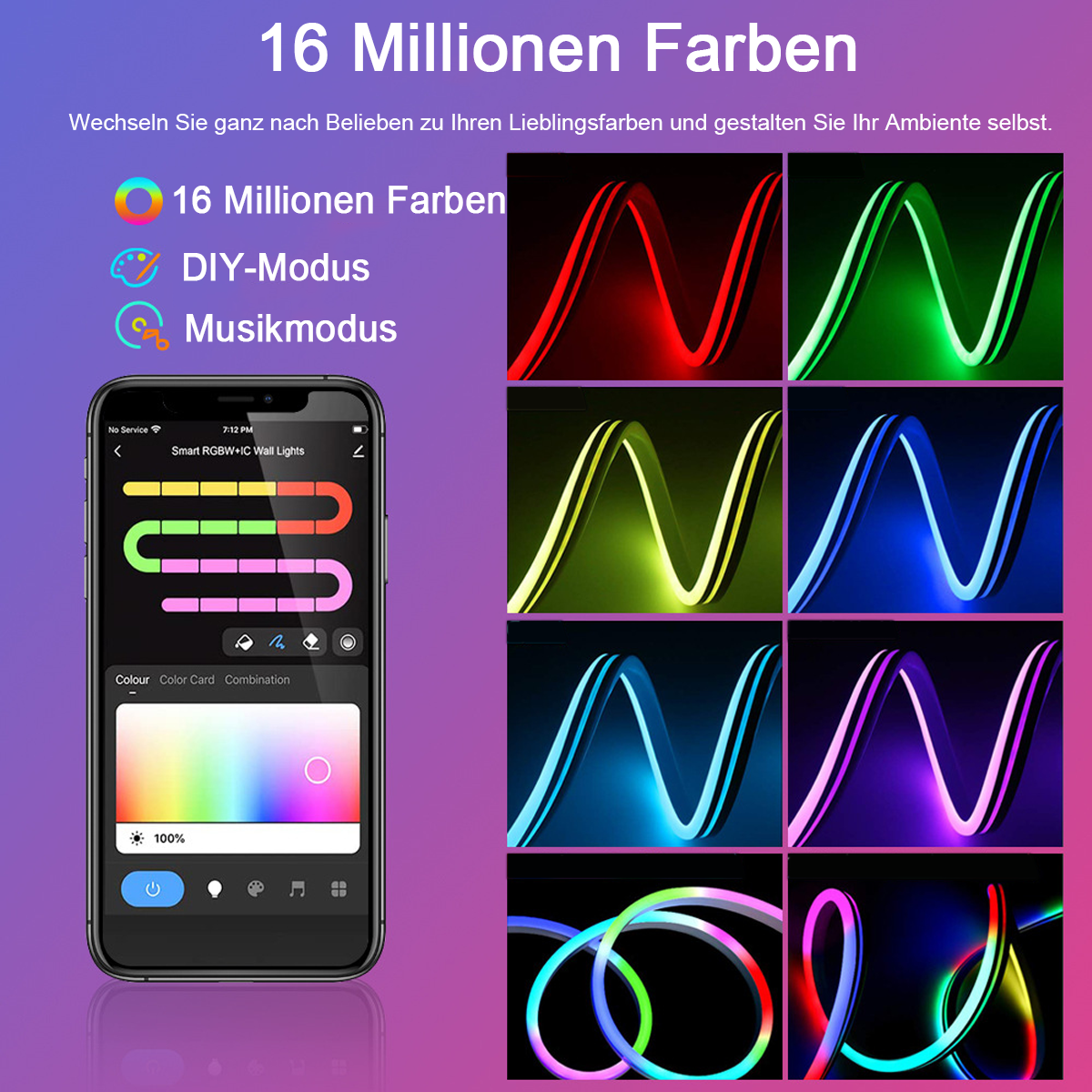 Das Bild zeigt ein Telefon mit Farbsteuerungen und Beispiele für farbenfrohe LED-Lichtstreifen. Text hebt 16 Millionen Farben hervor.