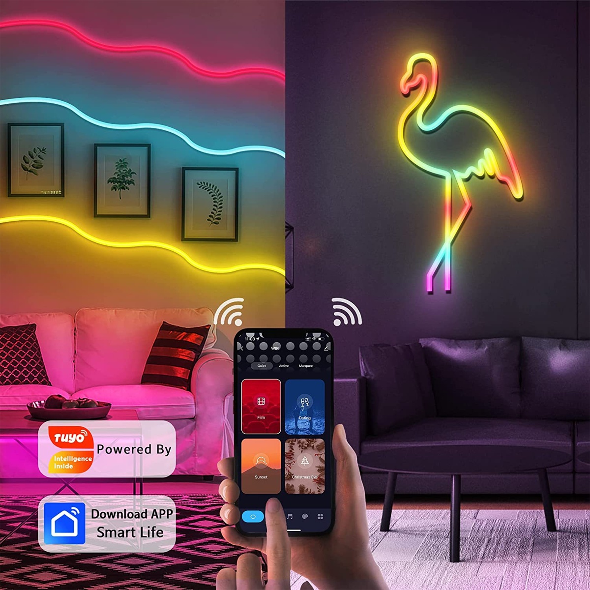 Ein Neon-Flamingo und Lichter, gesteuert von einer Telefon-App, werden gezeigt. Ein Sofa, gerahmte Bilder und Smart-Home-Logos sind sichtbar.