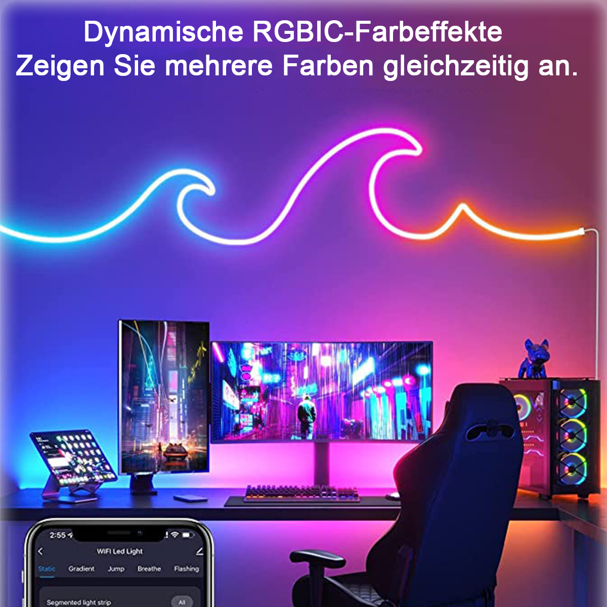 Ein Raum mit Computer, LED-Leuchten und einem Telefon, das eine App-Oberfläche anzeigt. Die Lichter sind wellenförmig.
