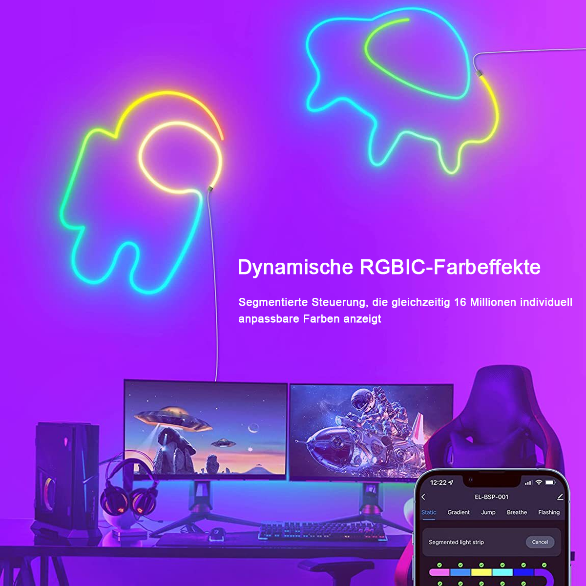Neonlichter in Form von Astronauten. Monitore, Kopfhörer und ein Telefon mit App sind im Bild zu sehen.