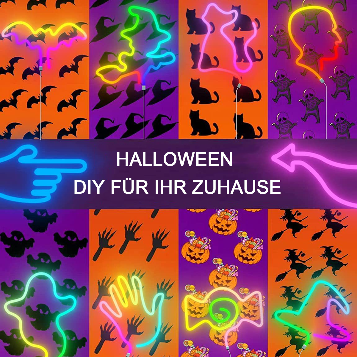 Halloween-Bild mit Neon-Fledermäusen, Hexenhüten, Katzen, Skeletten, Geistern, Händen, Kürbissen und Hexen auf lila und orangefarbenem Hintergrund.