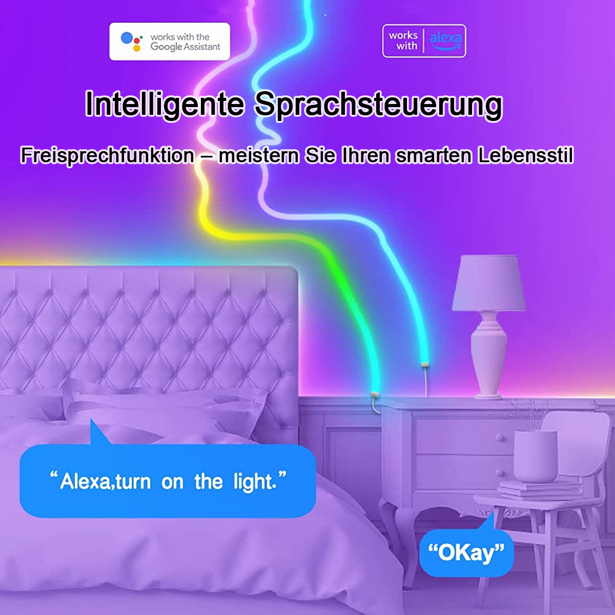 Schlafzimmer mit Smart-Home-Integration. Text sagt 'Alexa, mach das Licht an', 'Okay'. Lila Wände, Bett und Nachttisch.