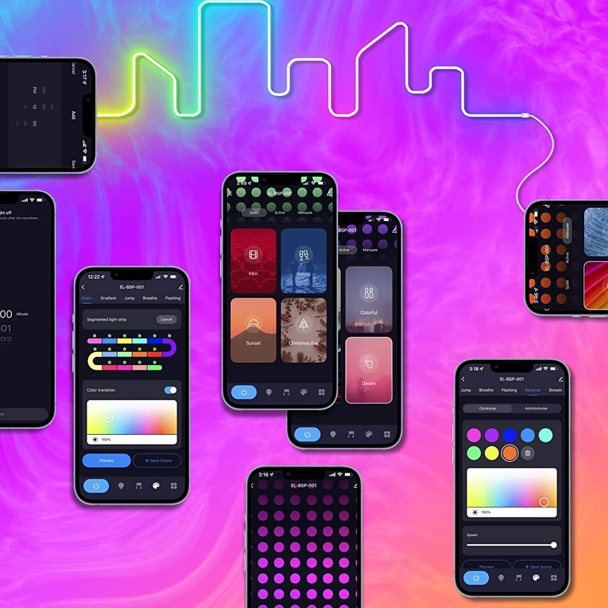 Mehrere Smartphones zeigen farbenfrohe App-Oberflächen, verbunden durch eine Neonlinie auf einem lila-rosa Hintergrund.