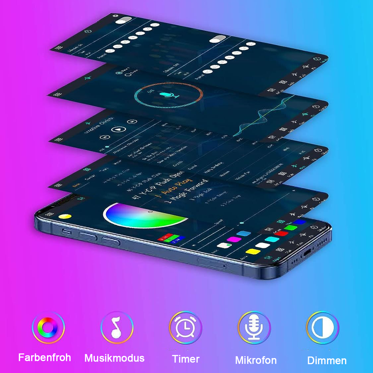 Smartphone-Bildschirm mit App-Oberfläche mit Farboptionen und Steuerelementen. Symbole unten: Farbe, Musik, Timer, Mikrofon und Dimmen.