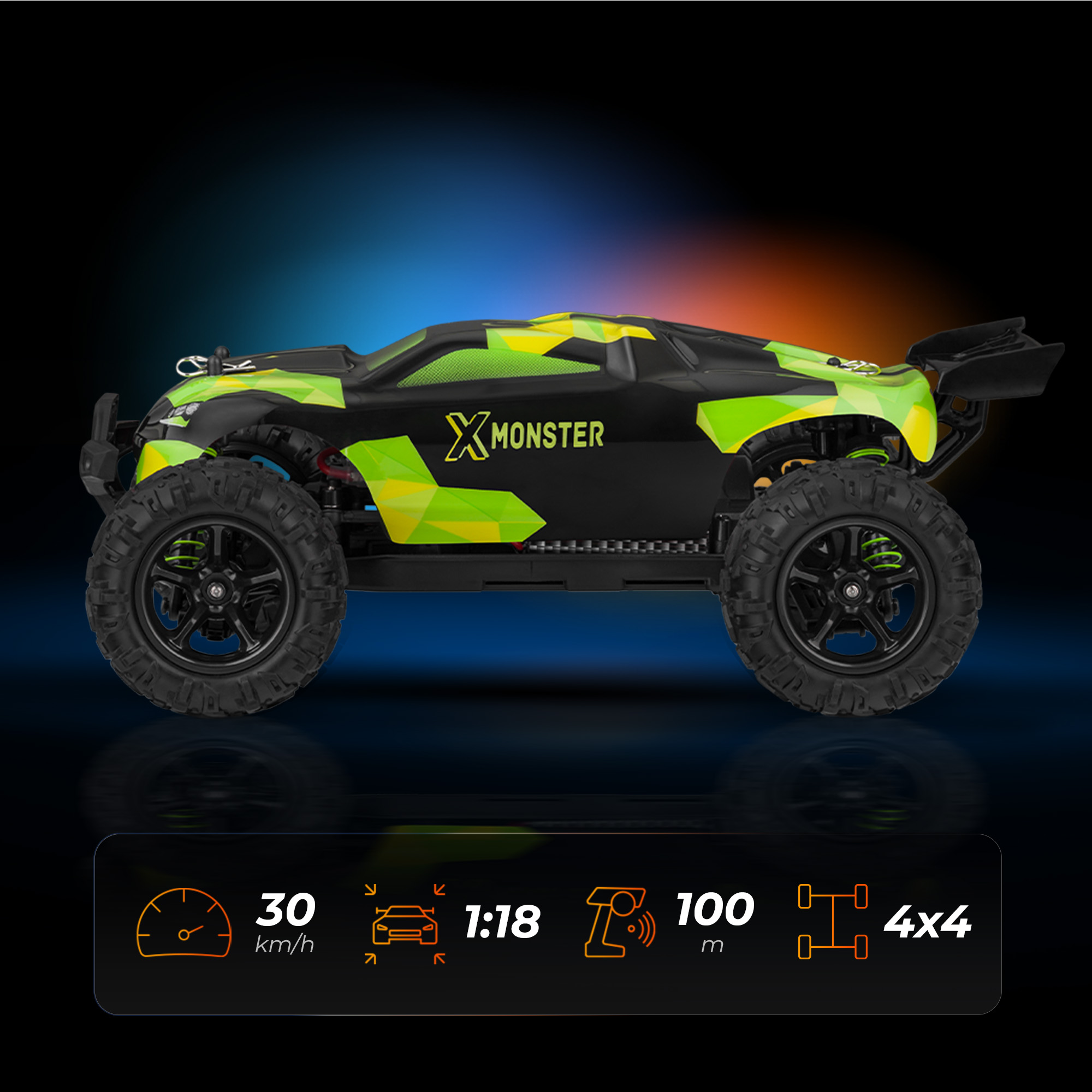 Ein schwarz-grünes ferngesteuertes Auto mit dem Wort "XMONSTER". Es hat 4x4, 30 km/h und 100 m Reichweite.