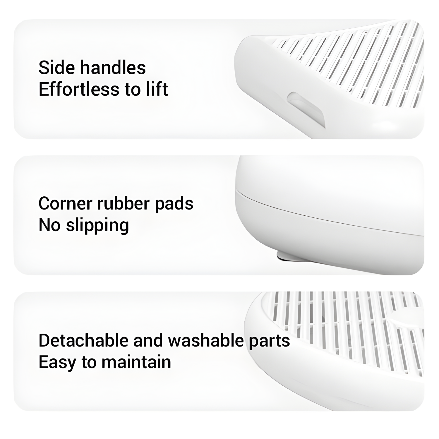 Wit product met zijhandgrepen, hoekrubberen pads en afneembare onderdelen. Tekst benadrukt moeiteloos optillen, niet slippen en gemakkelijk onderhoud.