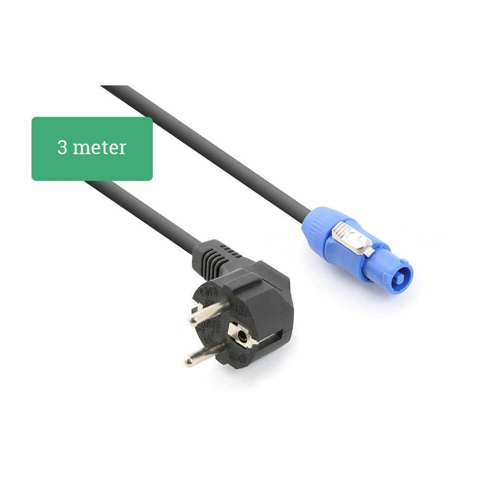 Un cable de alimentación negro con un enchufe y un conector azul. Un rectángulo verde indica que el cable mide 3 metros.