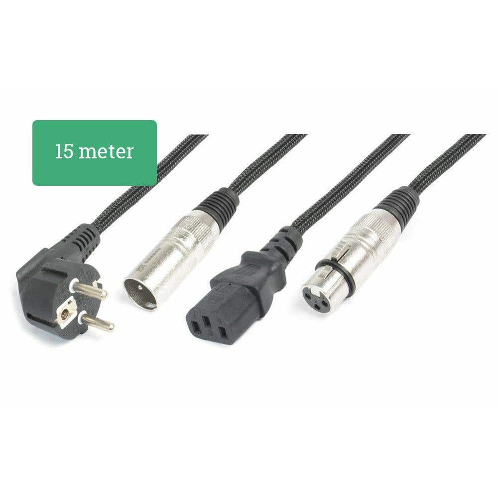 Varios cables negros con diferentes conectores. Una caja verde dice '15 metros'. Los conectores incluyen un enchufe, XLR e IEC.