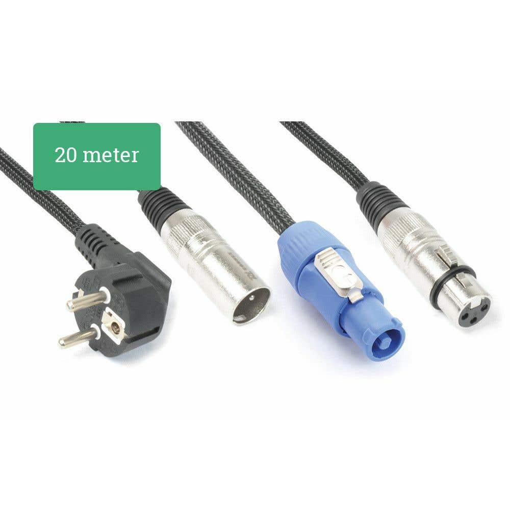 Un cable de 20 metros con múltiples conectores. Incluye un enchufe, conectores plateados y un conector azul sobre fondo blanco.