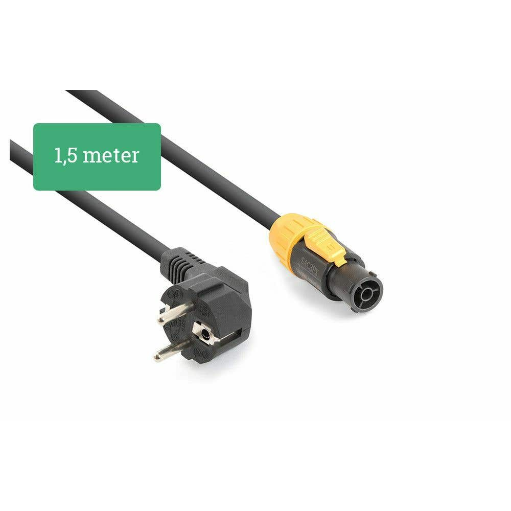 Un cable de alimentación negro con un enchufe en un extremo y un conector amarillo en el otro. Tiene una etiqueta verde que dice '1,5 metros'.