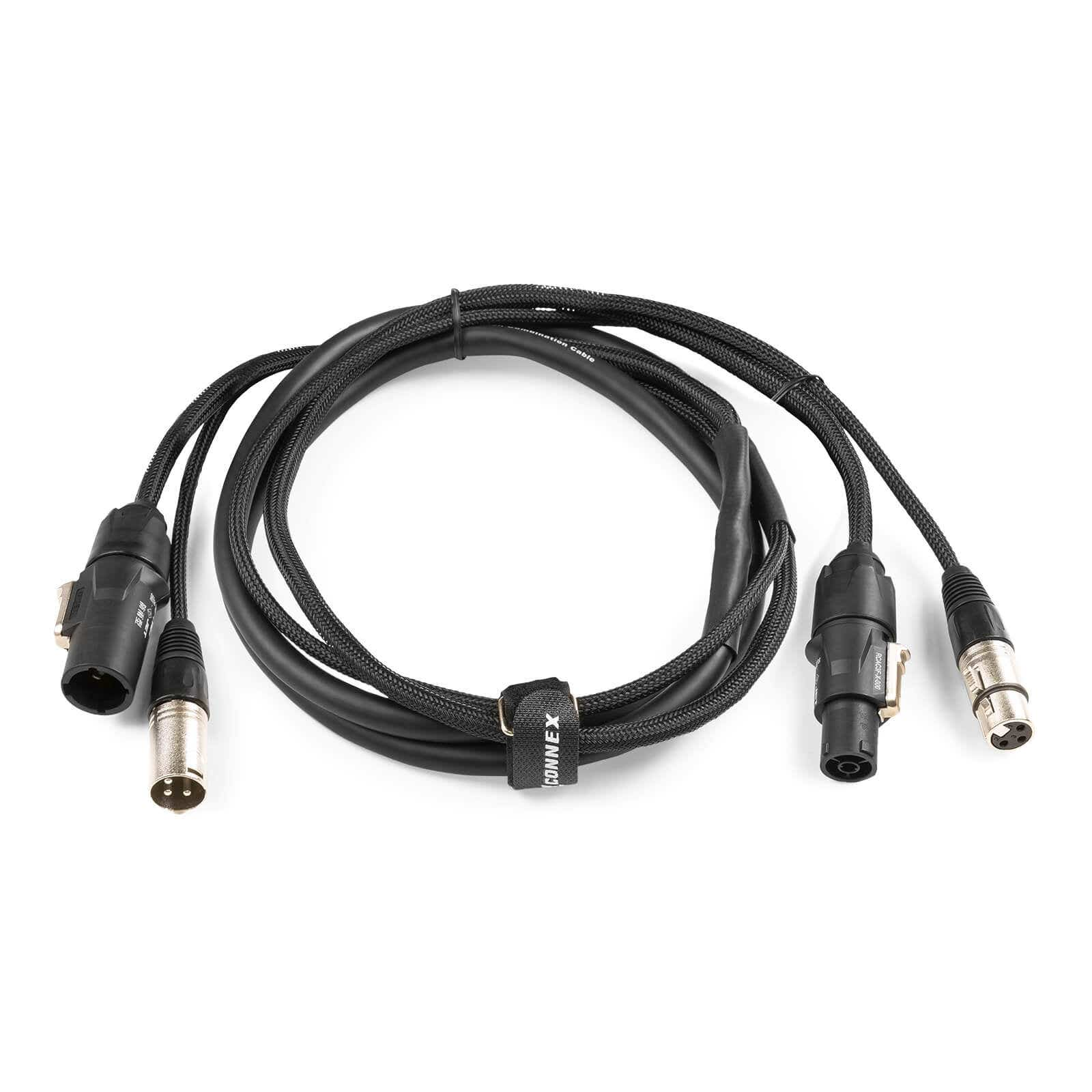 Cable de audio negro con múltiples conectores. El cable está enrollado y asegurado con una correa 'CONNEX'.