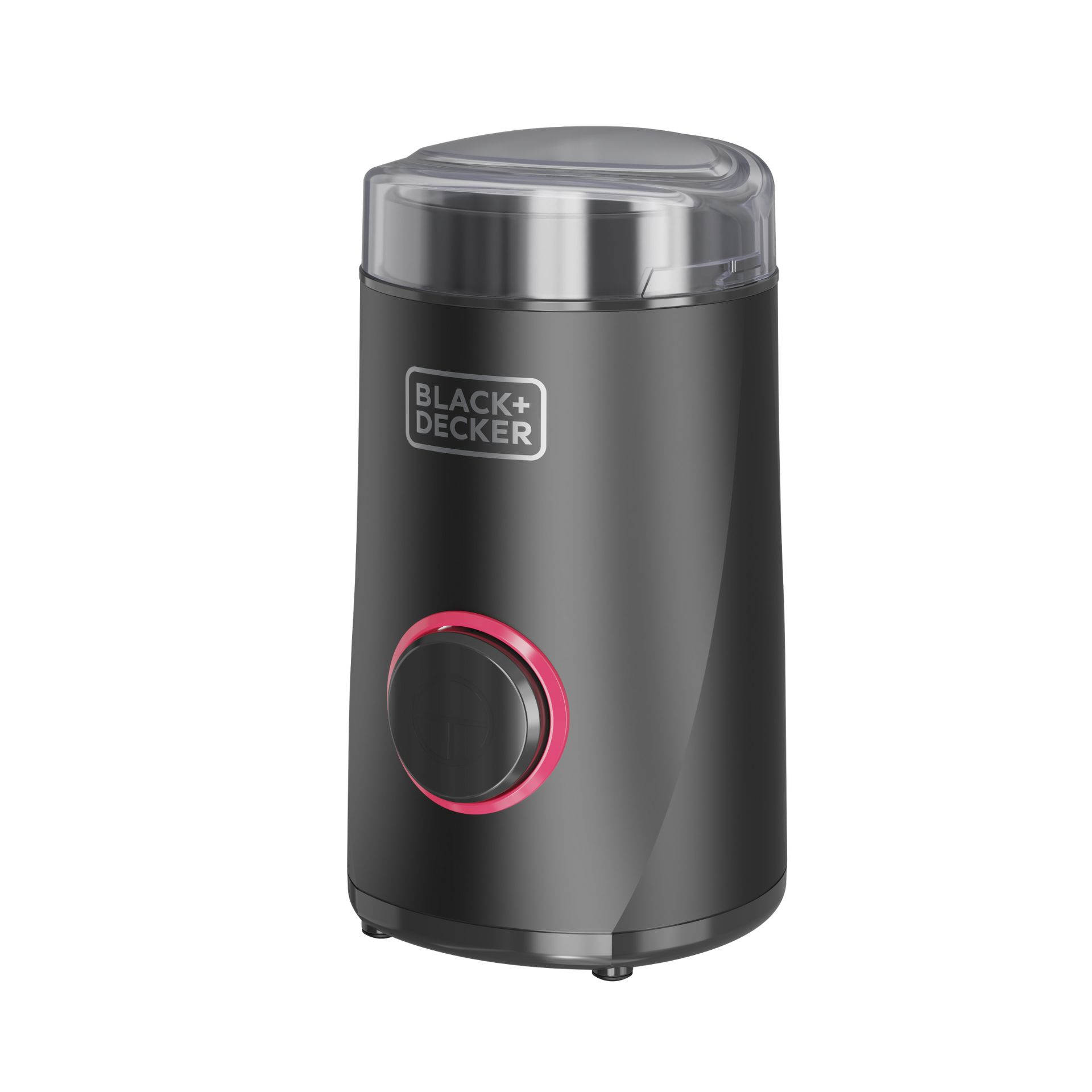 Un macinacaffè nero Black+Decker con coperchio trasparente e pulsante rosso.