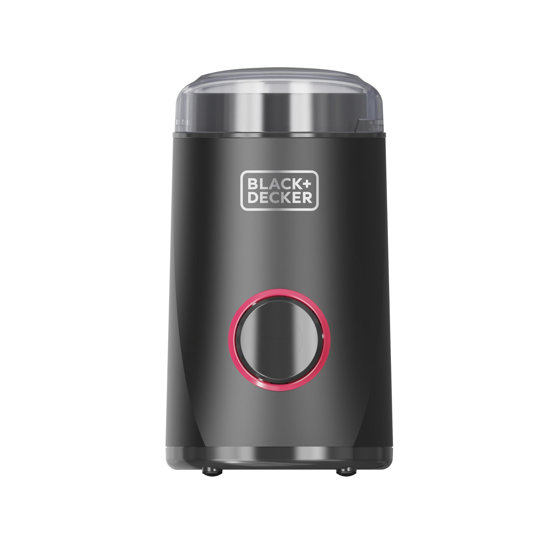 Un macinacaffè Black+Decker nero e argento con un pulsante di accensione rosso. È su sfondo bianco.