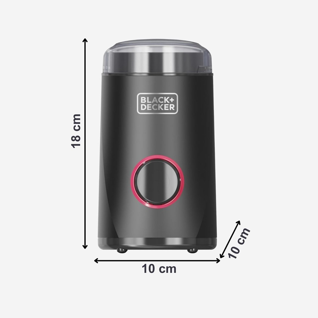 Un macinacaffè nero Black+Decker con coperchio trasparente e pulsante con anello rosso. Dimensioni: 18 cm di altezza e 10 cm di larghezza.