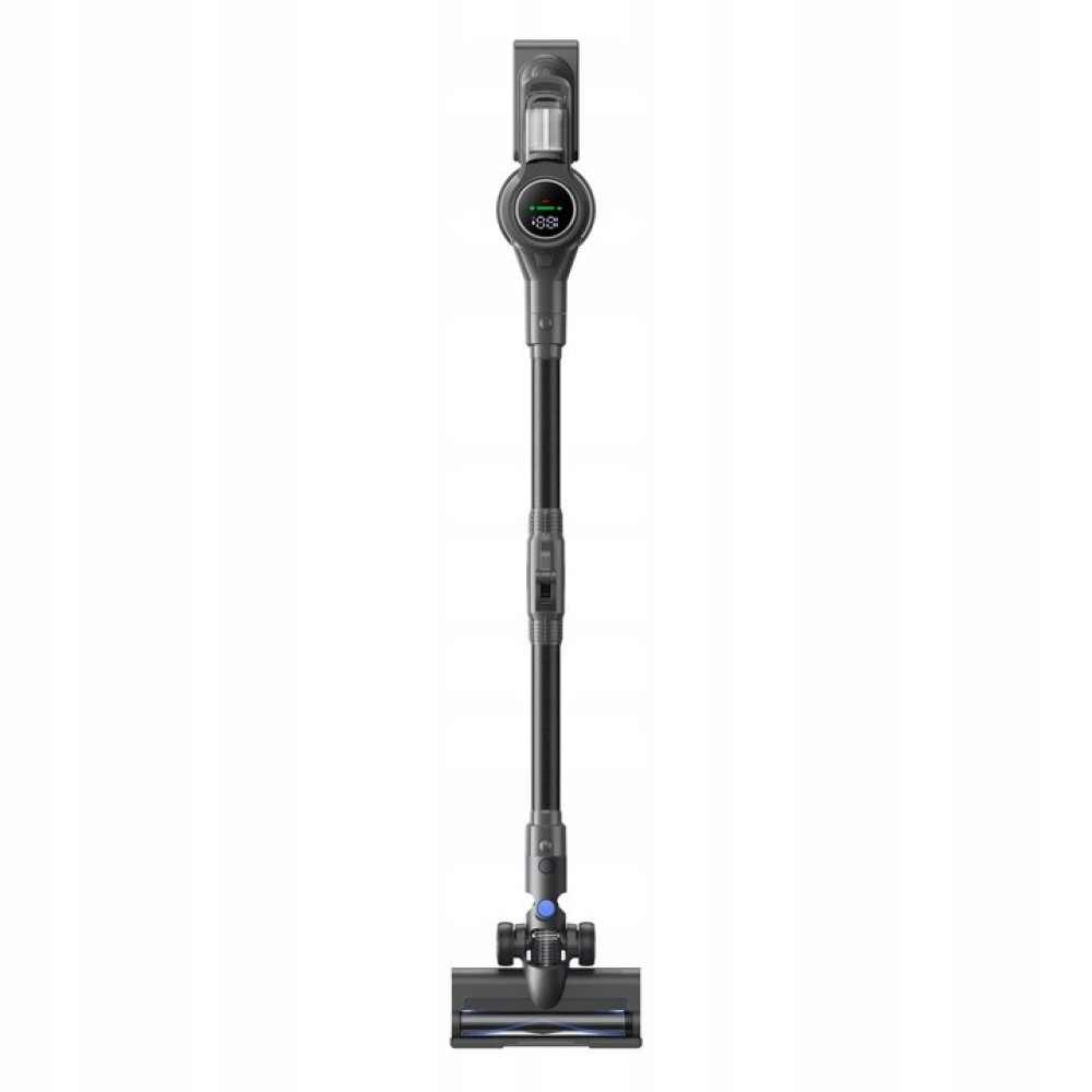 Ciemnoszary odkurzacz bezprzewodowy stoi pionowo. Ma długi uchwyt, głowicę szczotkową i wyświetlacz cyfrowy.