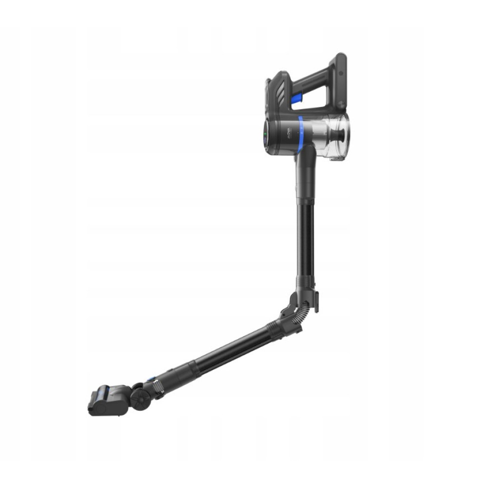 Czarny i srebrny odkurzacz bezprzewodowy na białym tle. Ma długą, elastyczną rurę i małą głowicę szczotki.