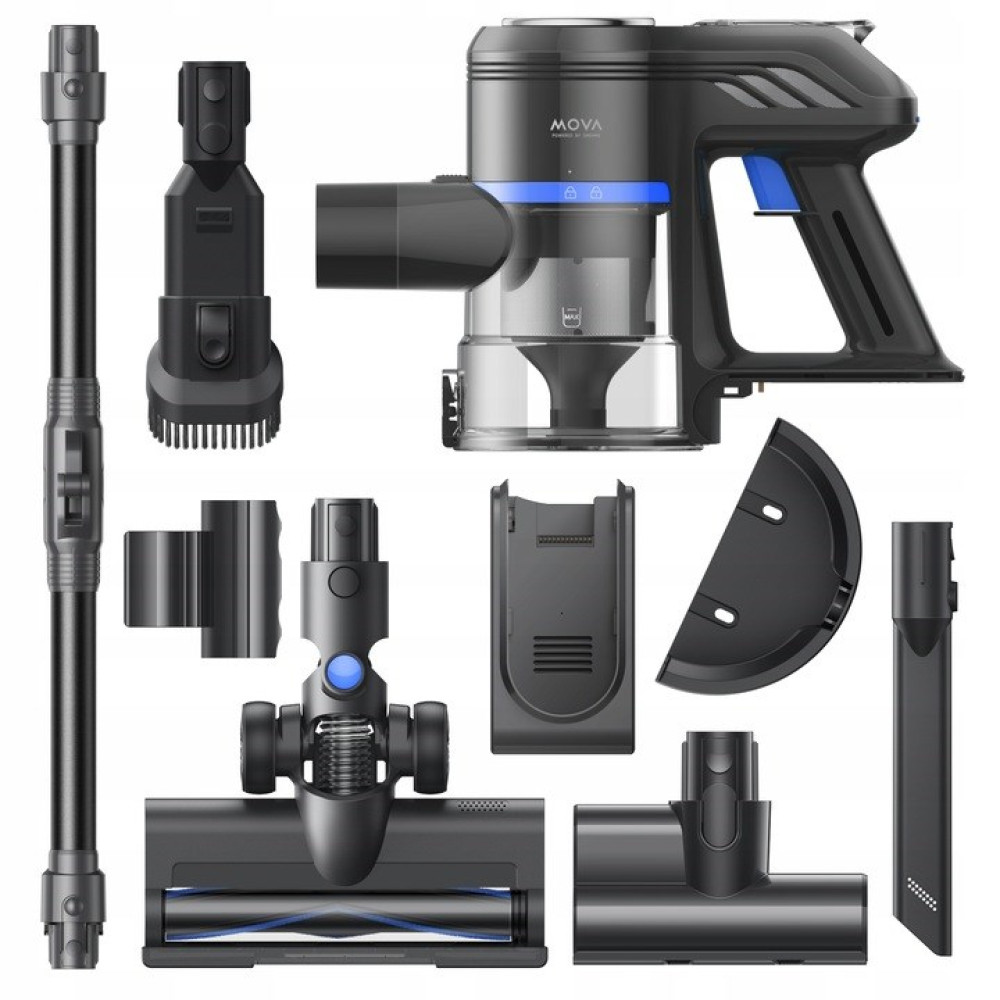 Zdemontowany czarno-szary odkurzacz MOVA z różnymi nasadkami. Rękojeść jest niebieska, a pojemnik na kurz przezroczysty.
