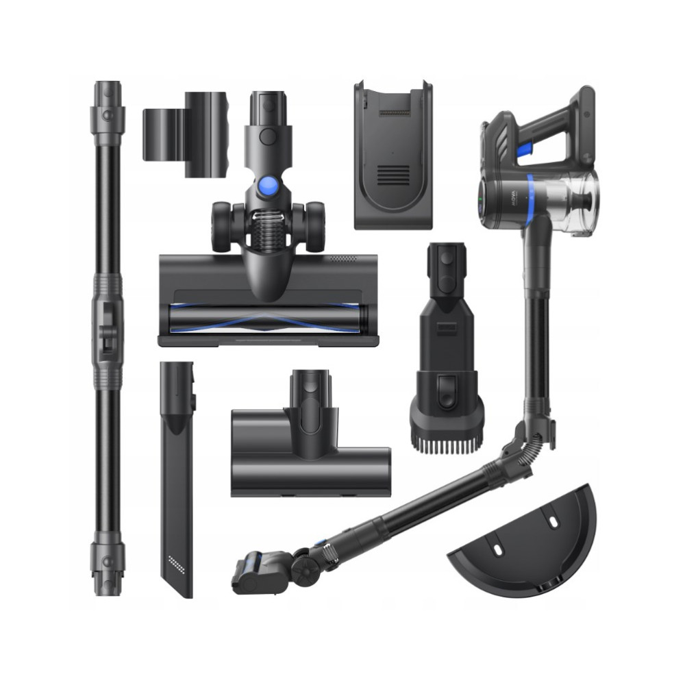 Zdemontowany odkurzacz bezprzewodowy z różnymi nasadkami na białym tle. Elementy są czarne i niebieskie.