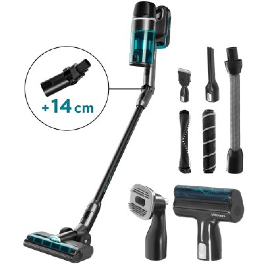 Un aspirapolvere senza fili con vari accessori e un'estensione di +14 cm. L'aspirapolvere è nero e turchese.