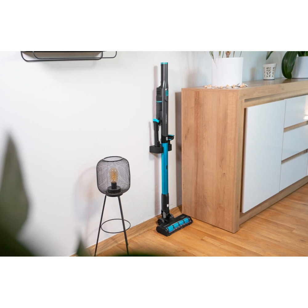 Un aspirapolvere senza fili nero e verde acqua è accanto a un mobile in legno. Sono visibili anche una lampada e delle piante.