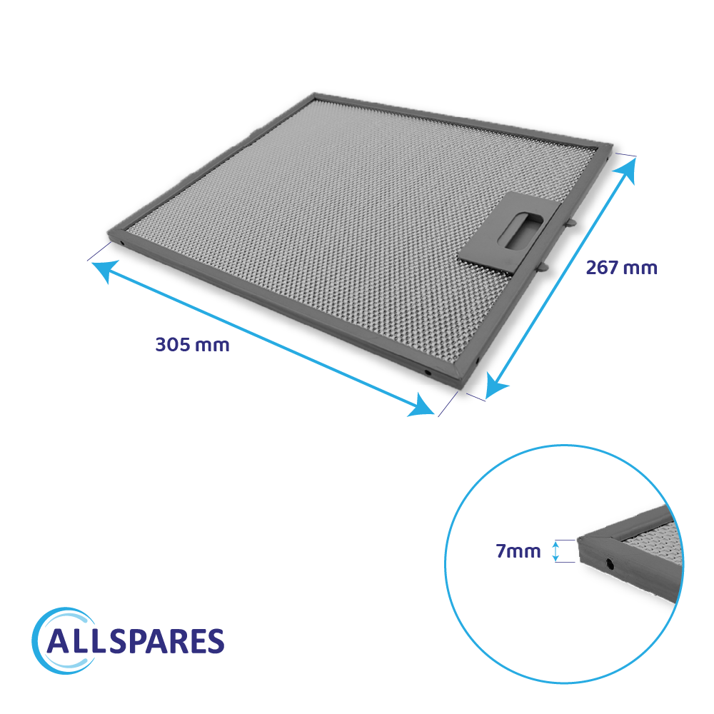 Ein Metallfilter für die Dunstabzugshaube mit beschrifteten Abmessungen. Grauer Rahmen mit Mesh. Ein Griff ist befestigt. Abmessungen: 305mm x 267mm x 7mm.