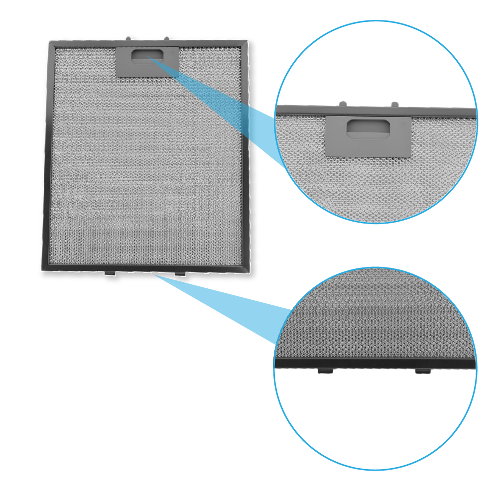 Ein rechteckiger Metallgitterfilter mit grauem Rahmen und Griff. Zwei vergrößerte Ansichten zeigen Details. Weißer Hintergrund.