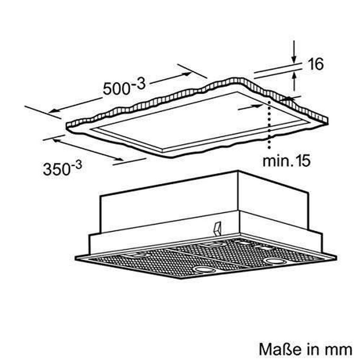 Schemat okapu kuchennego, z wymiarami w mm: 500-3, 350-3 i 16. Pokazuje strukturę i minimalną wysokość 15.