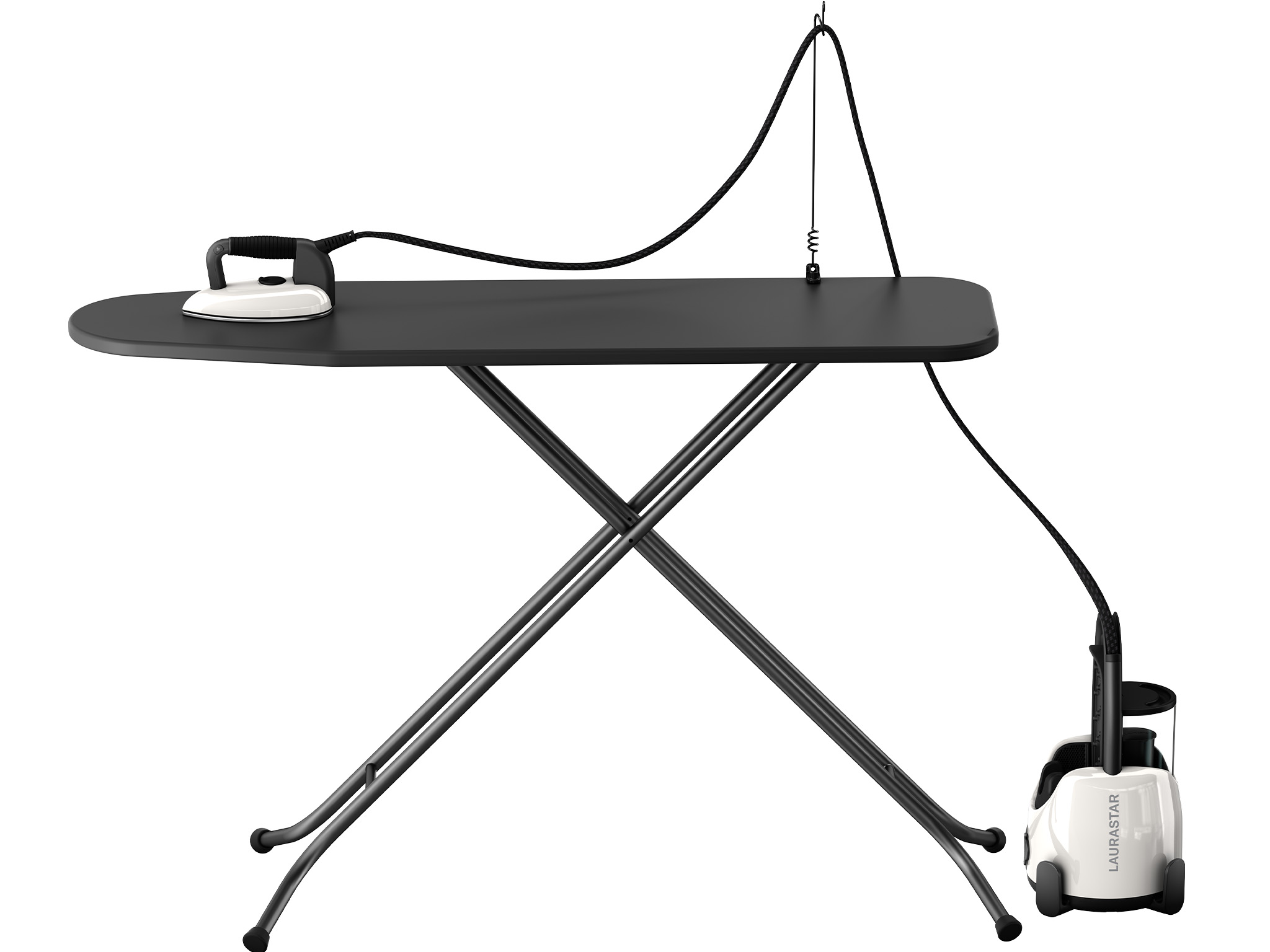 A black ironing board with a white iron. A steam generator is on the floor. Black cables connect all elements.