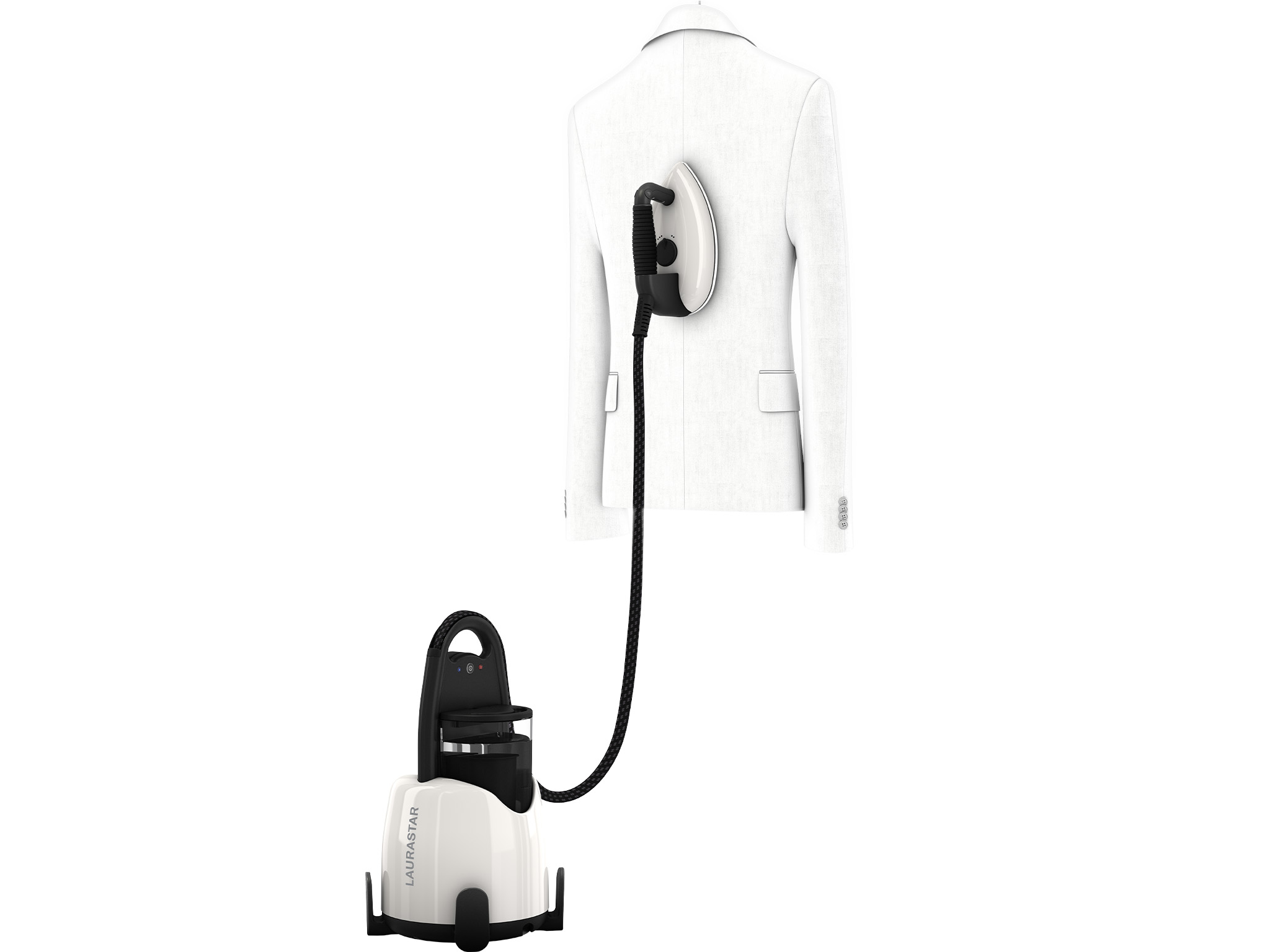 A white jacket hangs. A steam iron is attached. A white and black steamer is on the floor, connected by a black hose.