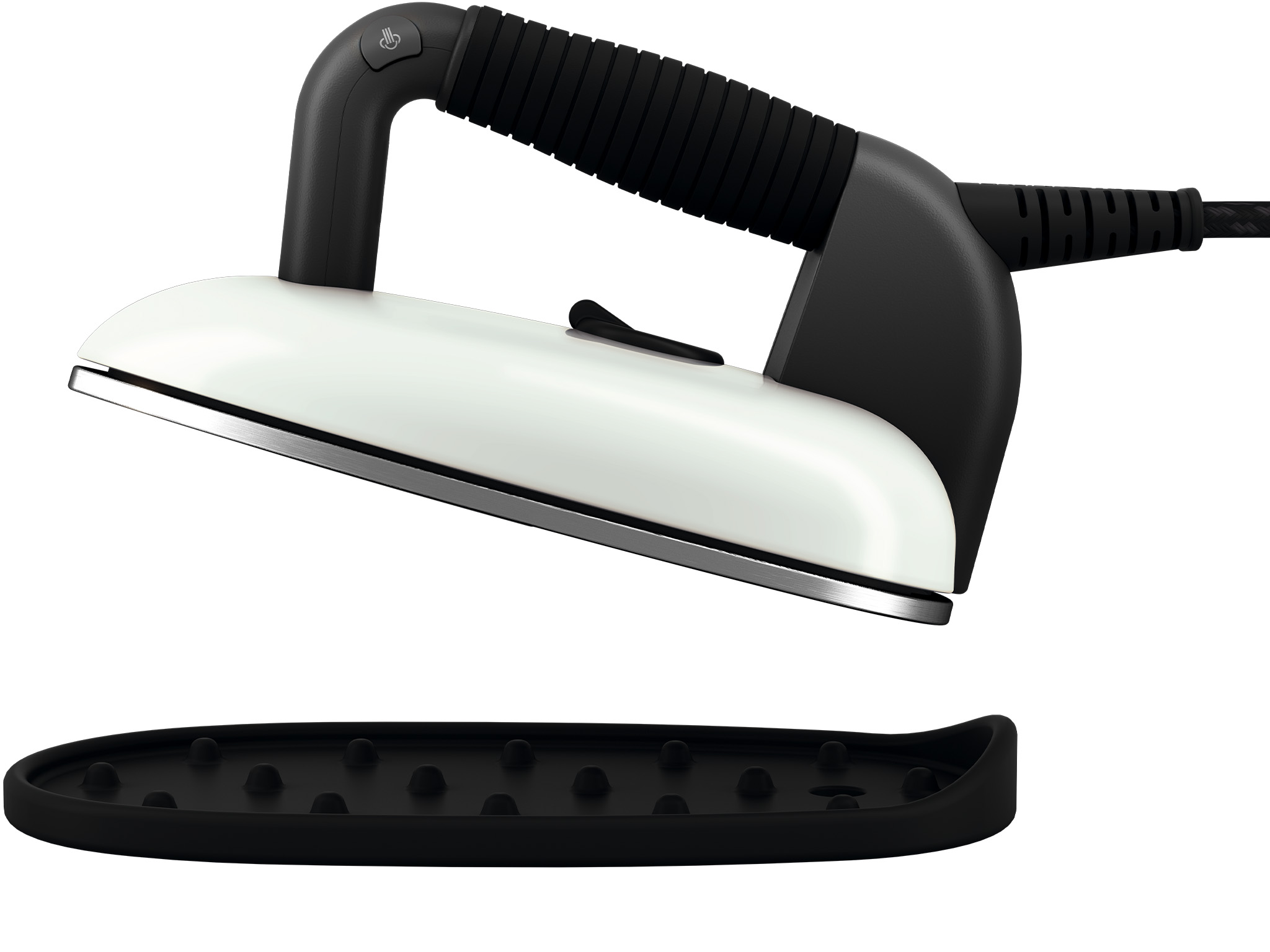 An iron with a white base and black handle, positioned above its black rest. The background is white.