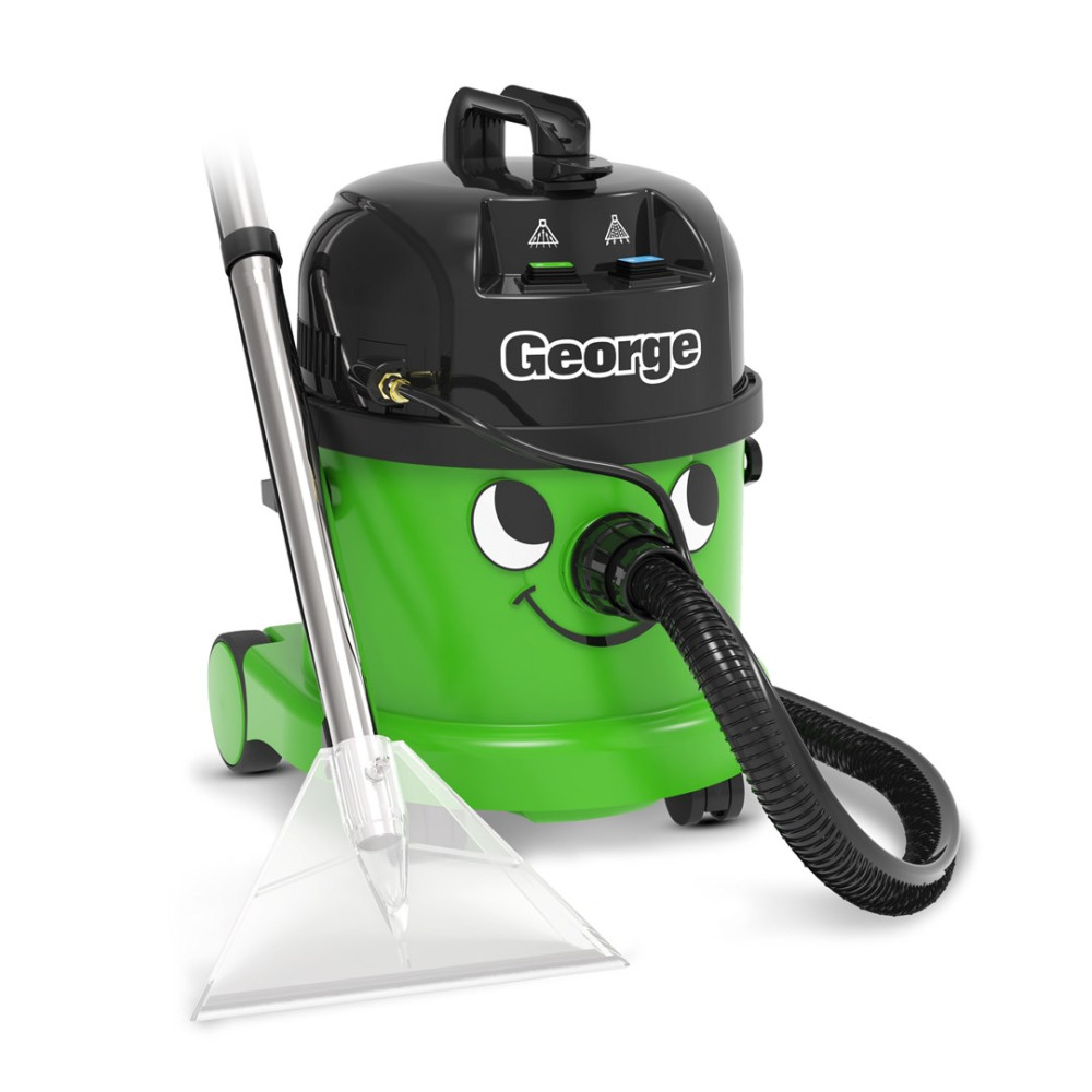 Zielony i czarny odkurzacz o nazwie George z uśmiechniętą twarzą. Ma wąż, akcesoria i koła.