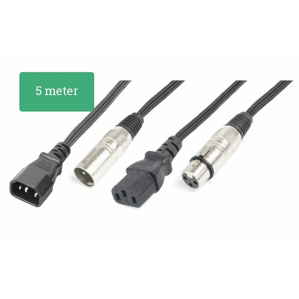 Cables de alimentación negros con varios conectores. Un rectángulo verde dice '5 metros'.