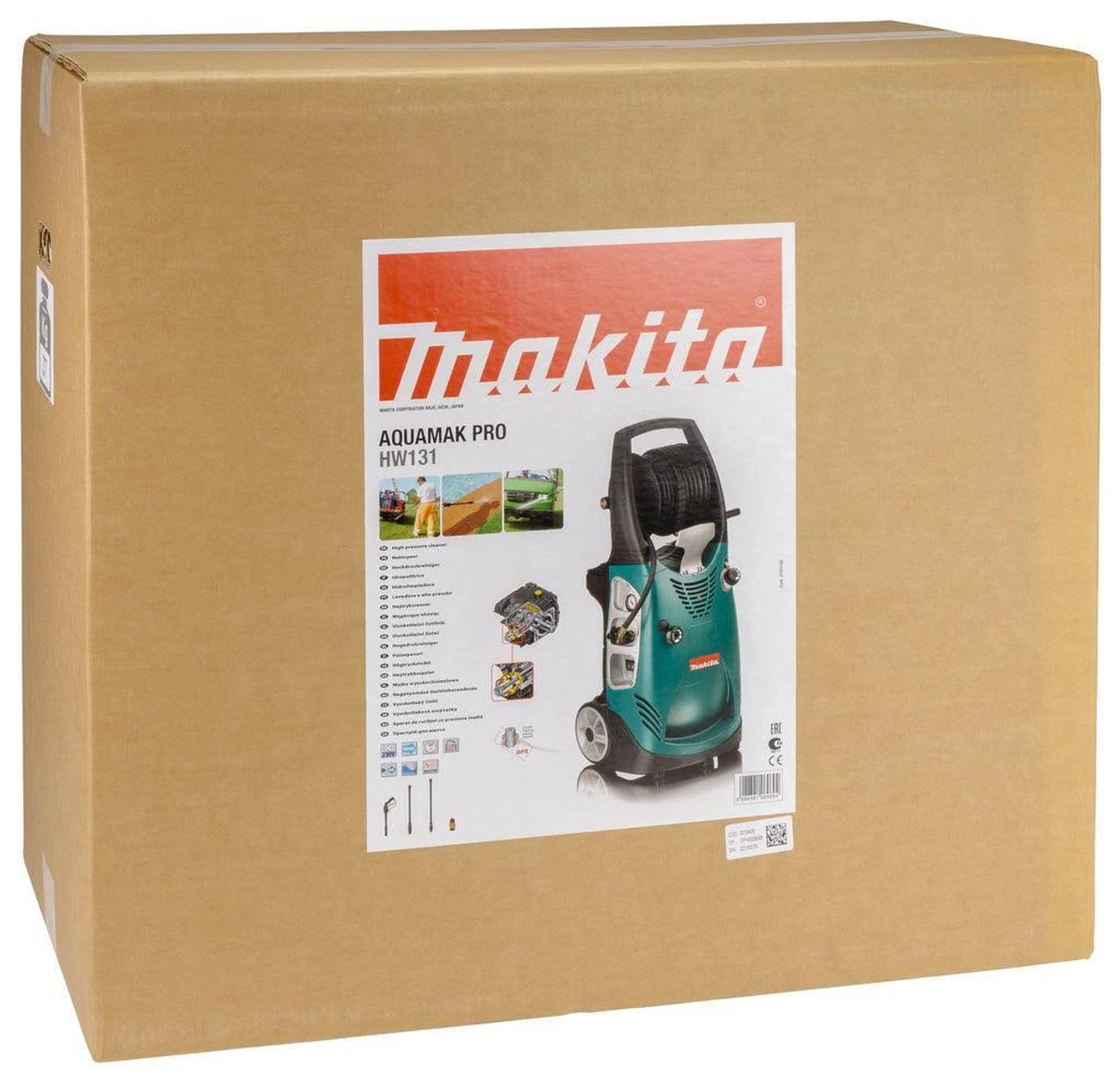 Kartonowe pudełko z myjką ciśnieniową Makita Aquamak Pro HW131 z przodu. Pudełko jest jasno brązowe.