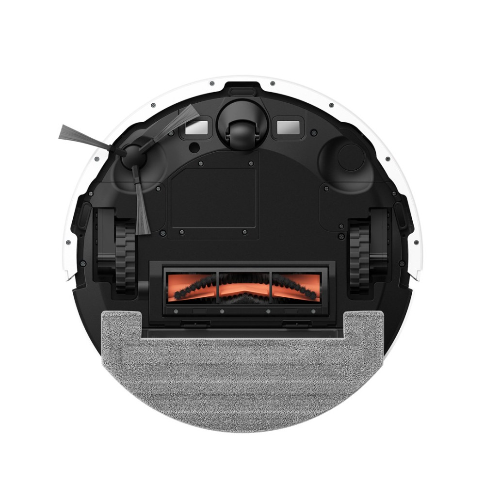 Biało-czarny odkurzacz automatyczny, widok od dołu. Posiada szczotki, koła i nakładkę czyszczącą. Widoczne są pomarańczowe i szare detale.