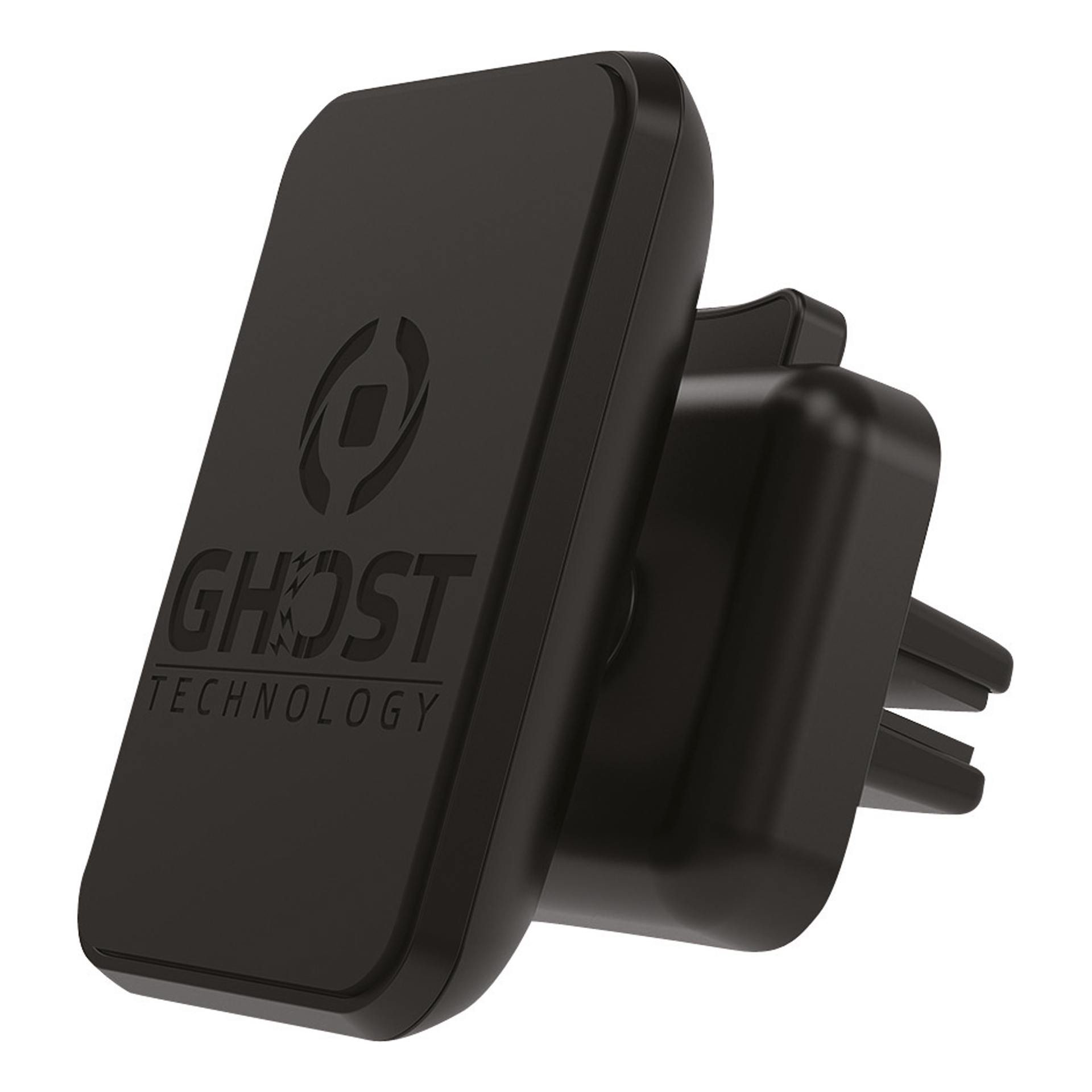 Schwarze Lüftungshalterung für Autos mit Ghost Technology-Logo. Es ist eine magnetische Telefonhalterung.